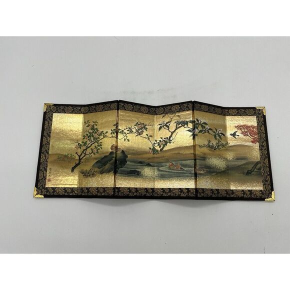 Japanese Folding Screen Seasonal Flowers Birds and Cherry Blossoms 14.6 x 5.5 in - Picture 1 of 4